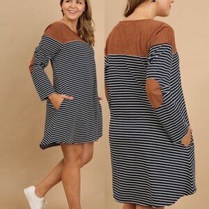 Umgee S Blue White Striped Tunic Dress Pockets Brown Elbow Pads